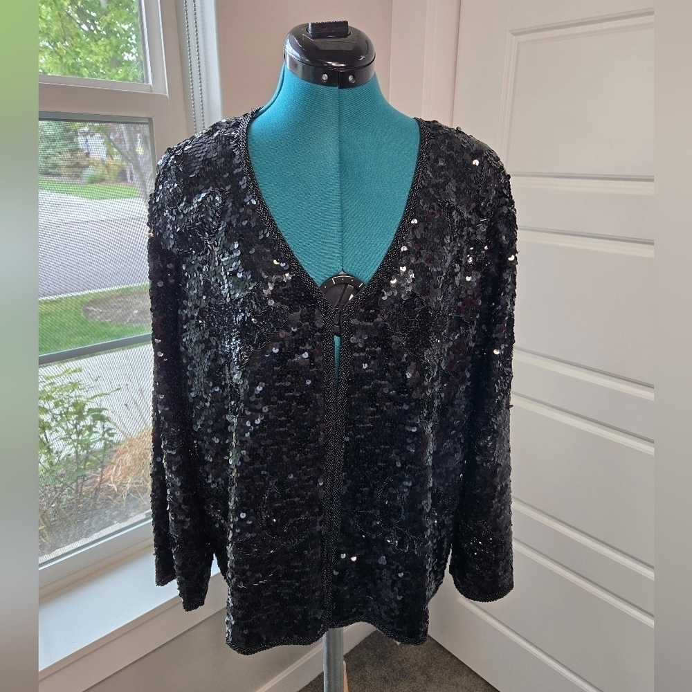 VINTAGE SKC 100% SILK SEED BEADS SEQUINS BLACK JACKET EVENING WEAR WOMEN S 1980S